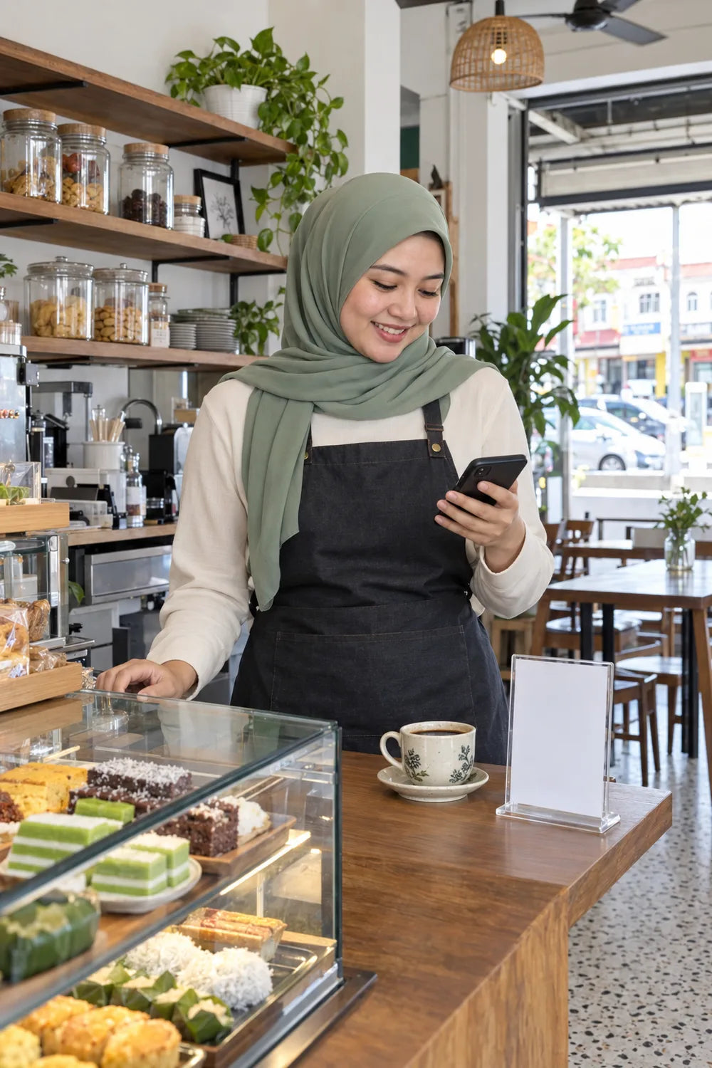 A cafe owner at her counter checking orders on her phone